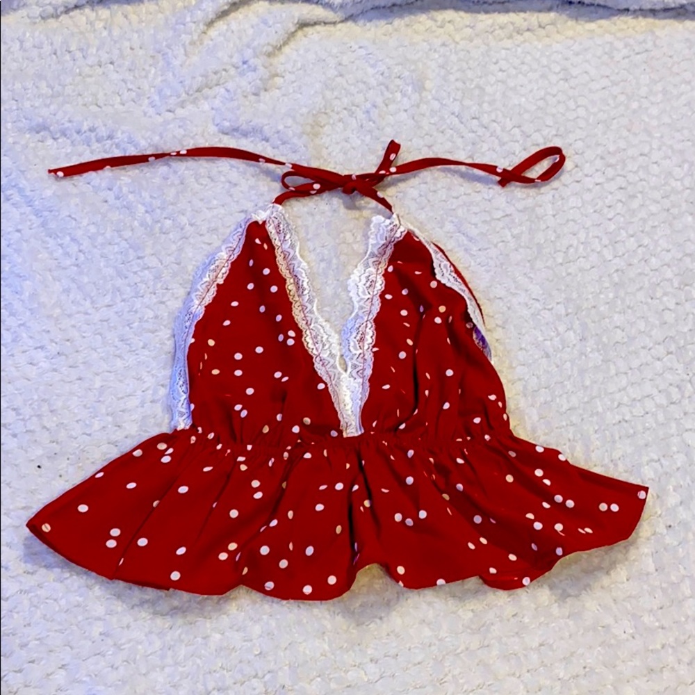 Open back red halter top